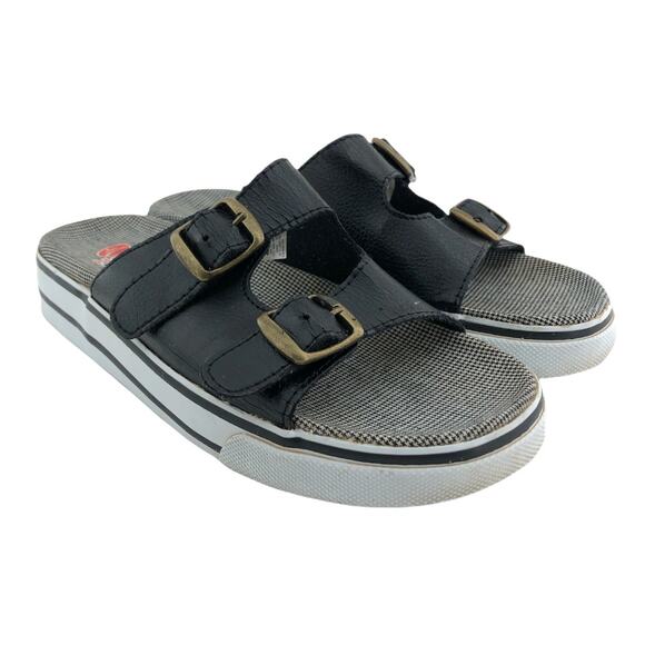 VINTAGE Y2K Hanes Sport Women's US 8 Black Double Strap Platform Slides - Picture 1 of 8